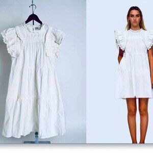 SEA NEW YORK Rylee White Cotton Tiered Tunic Dress Crochet Flutter Sleeve L